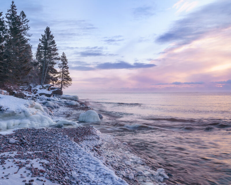 Image of a lake shoreline with snow and ice